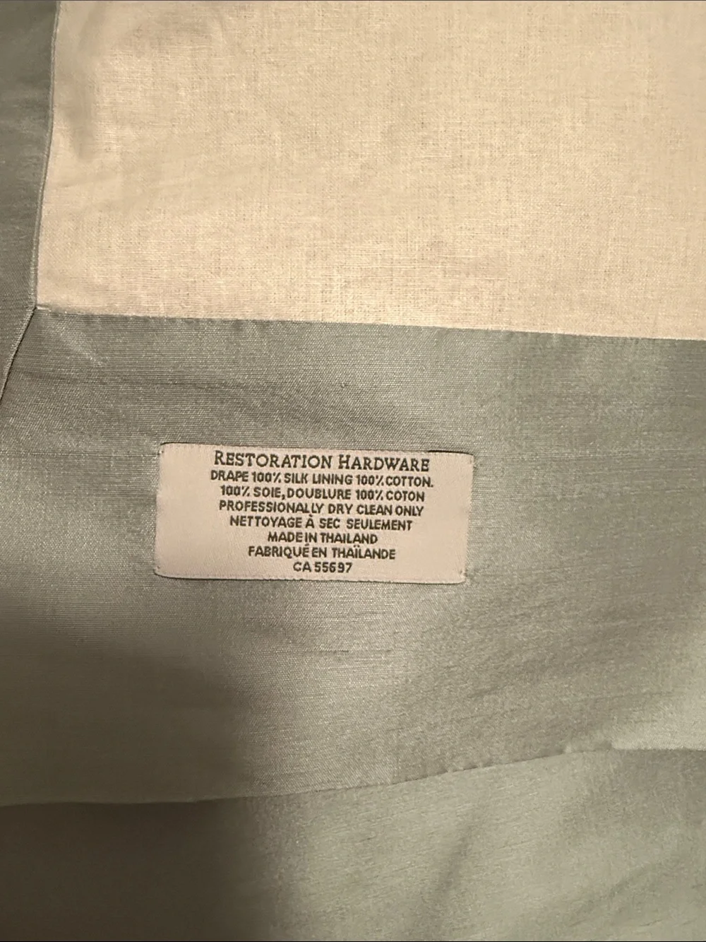 Rare Restoration Hardware silk cotton backing Silver sage drape pair 100”x 108”L